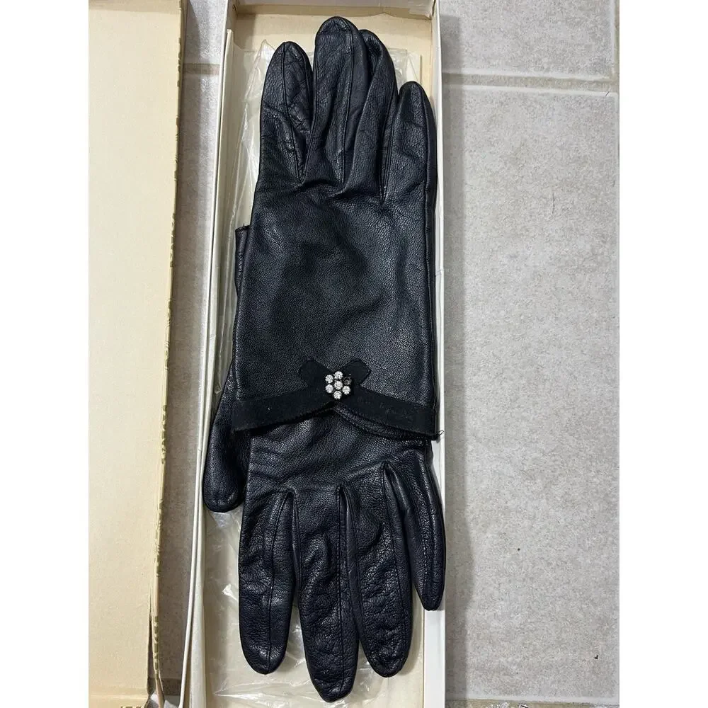 Vintage Guy La Roche Black Leather Gloves Size Small Rhinestone Coquette Retro